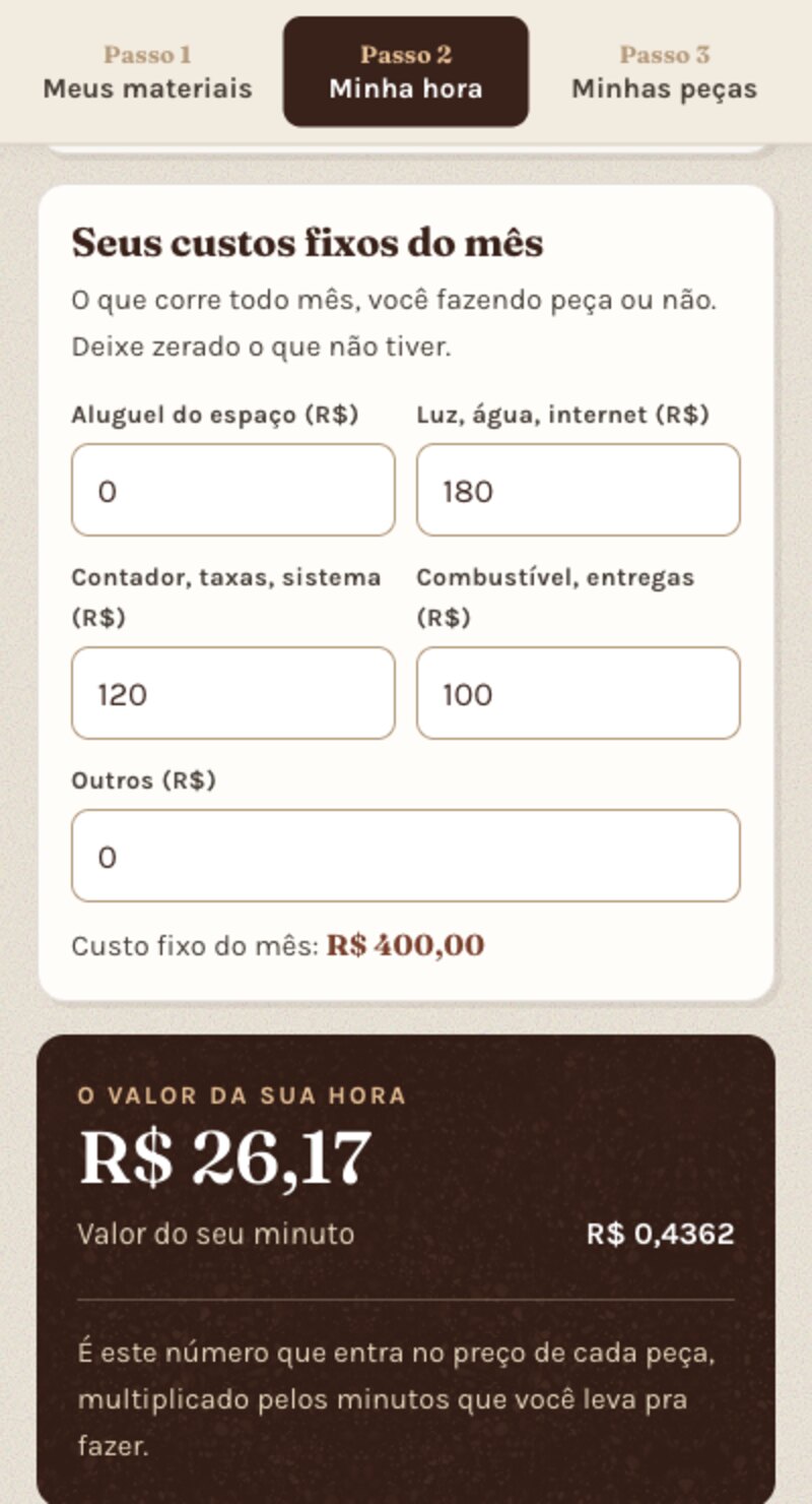 A calculadora mostrando o valor da hora de trabalho